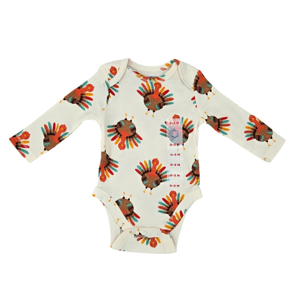 Old Navy‎ NWT 0-3M Turkey Print Long Sleeve Bodysuit Unisex Thanksgiving Fall